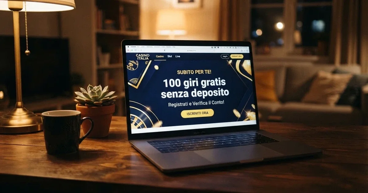 Interfaccia di un casinò online con un riquadro che mostra «100 giri gratis senza deposito» come offerta di benvenuto