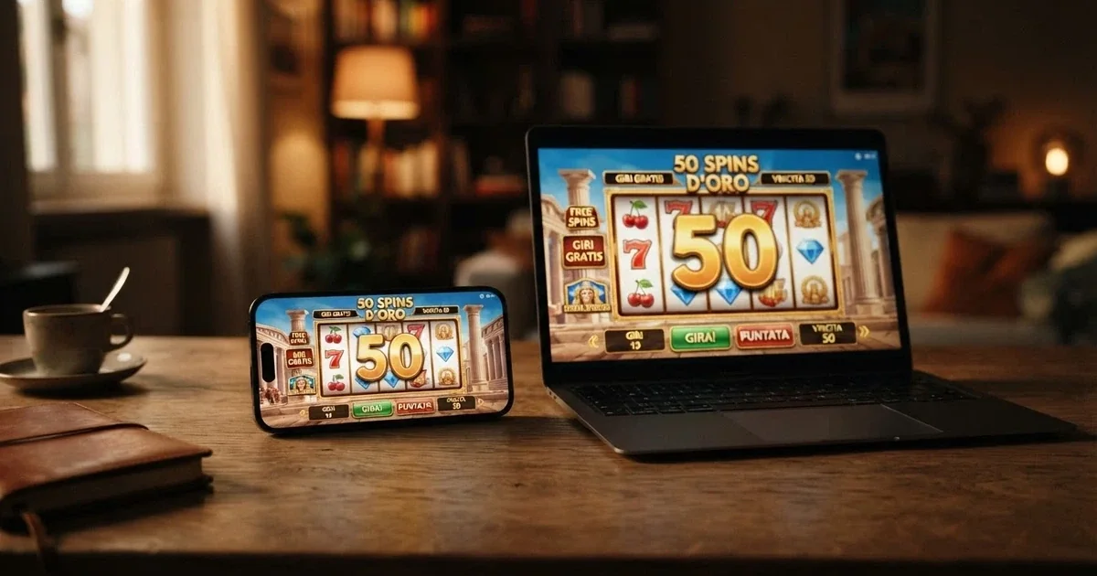 Schermata di un casinò online con interfaccia in italiano che mostra una promozione di 50 giri gratis senza deposito, primo piano su un telefono e un laptop affiancati