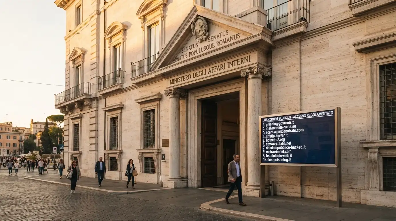L'esterno della sede dell'Agenzia delle Dogane e dei Monopoli a Roma, con il logo ADM visibile e uno schermo che mostra un elenco di siti inibiti