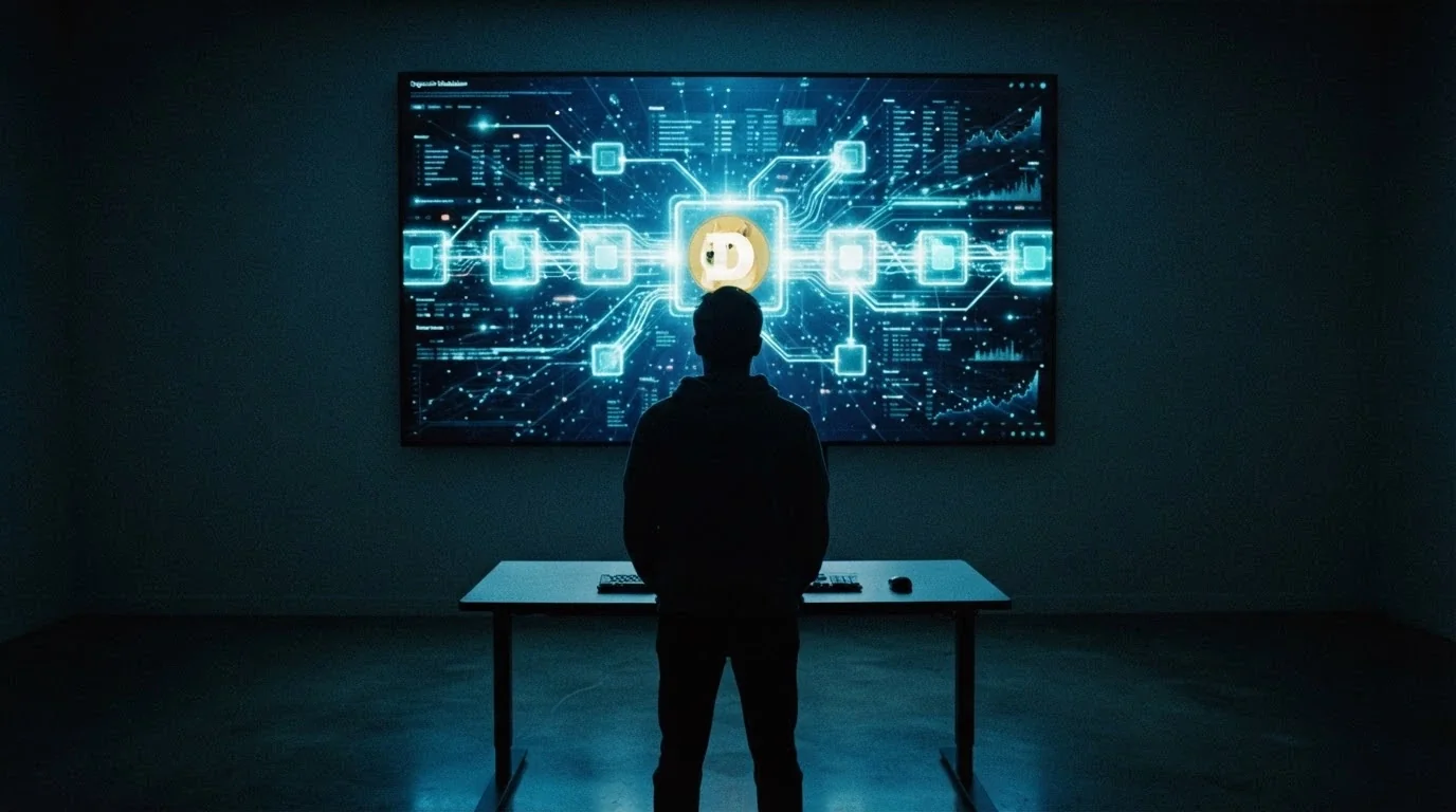 Una figura di spalle davanti a uno schermo, con il logo di Dogecoin e una catena di blocchi sullo sfondo