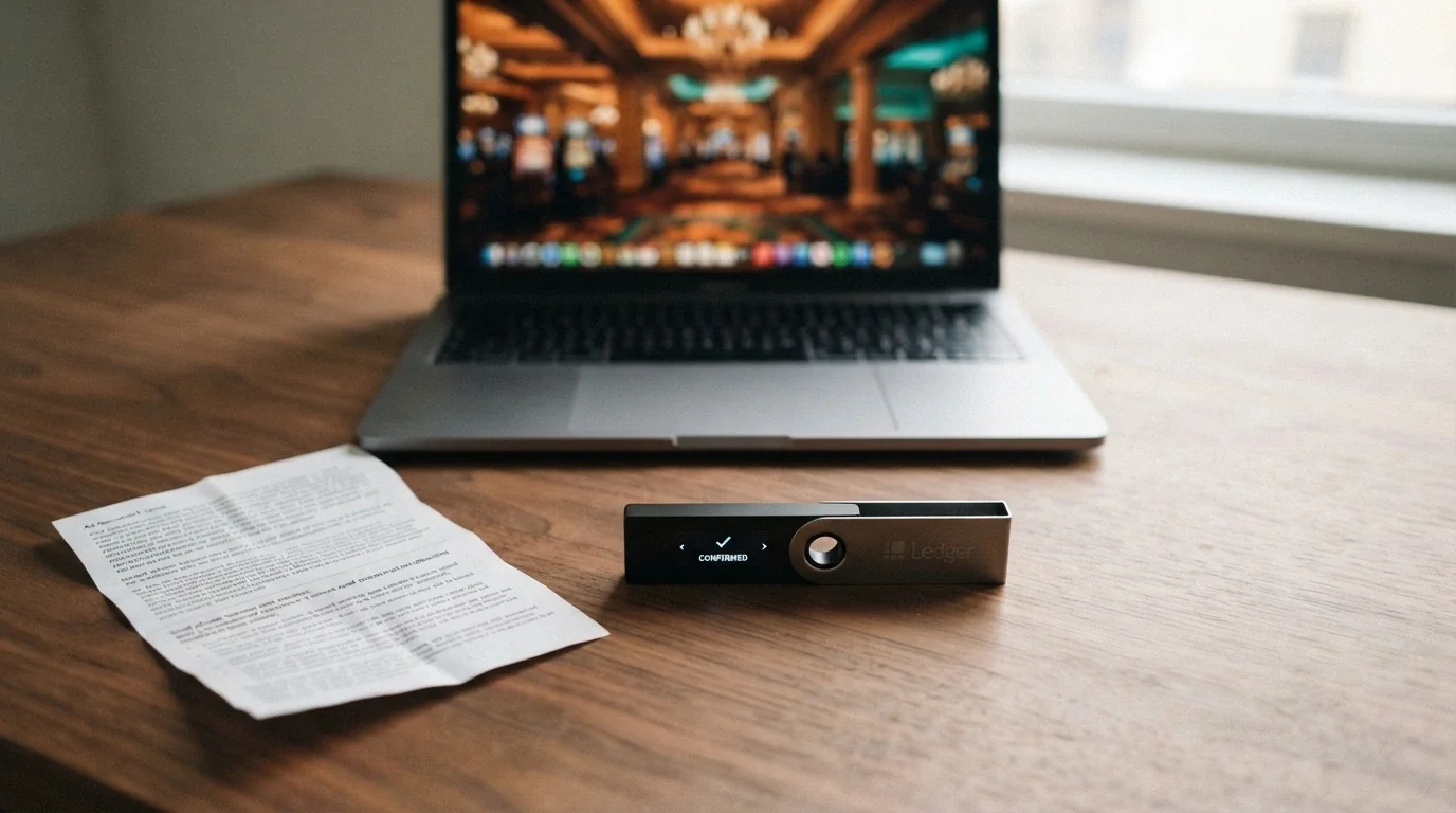 Un documento d'identità italiano posato accanto a un wallet hardware Bitcoin, con lo schermo di un casinò sullo sfondo