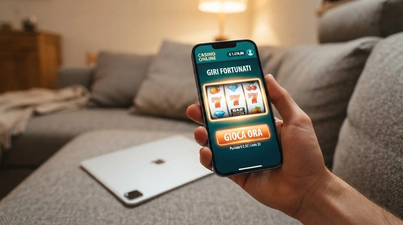 Smartphone con l'interfaccia mobile di un casino online che mostra un'offerta di giri gratis e il pulsante di registrazione