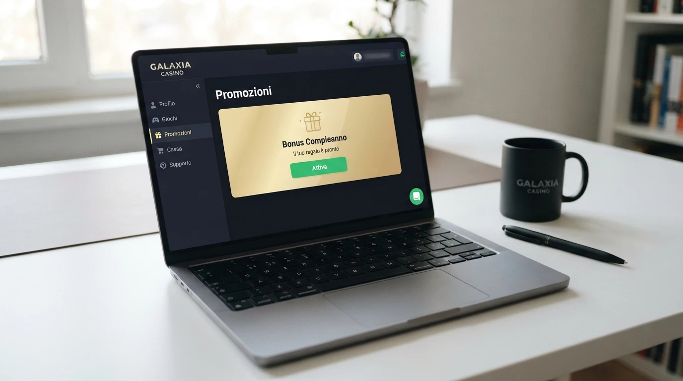 Schermata dell'area personale di un casinò online con la sezione promozioni e una notifica di bonus compleanno in evidenza