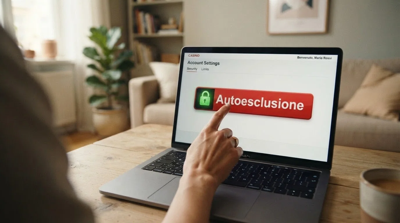 Una mano che clicca su un pulsante «Autoesclusione» sullo schermo di un casinò online, con un lucchetto che si chiude sullo sfondo