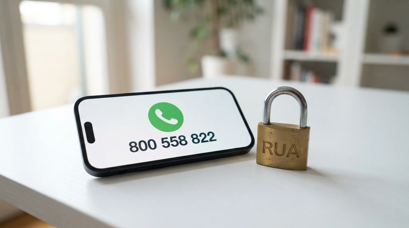 Un telefono con il numero verde 800 558 822 sullo schermo e un lucchetto con la scritta RUA