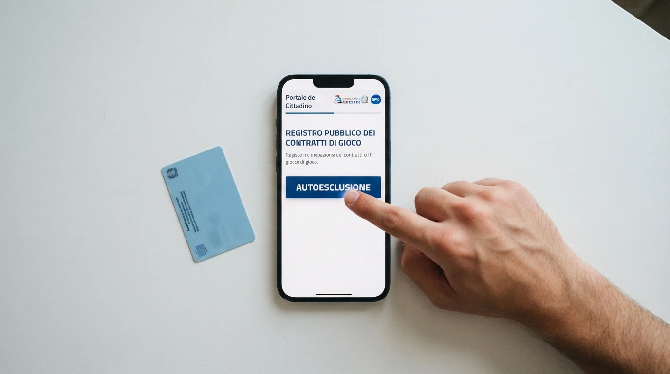 Una mano che clicca su un pulsante «Autoesclusione» nell'interfaccia di un portale, con il logo SPID visibile e uno scudo simbolico sullo sfondo