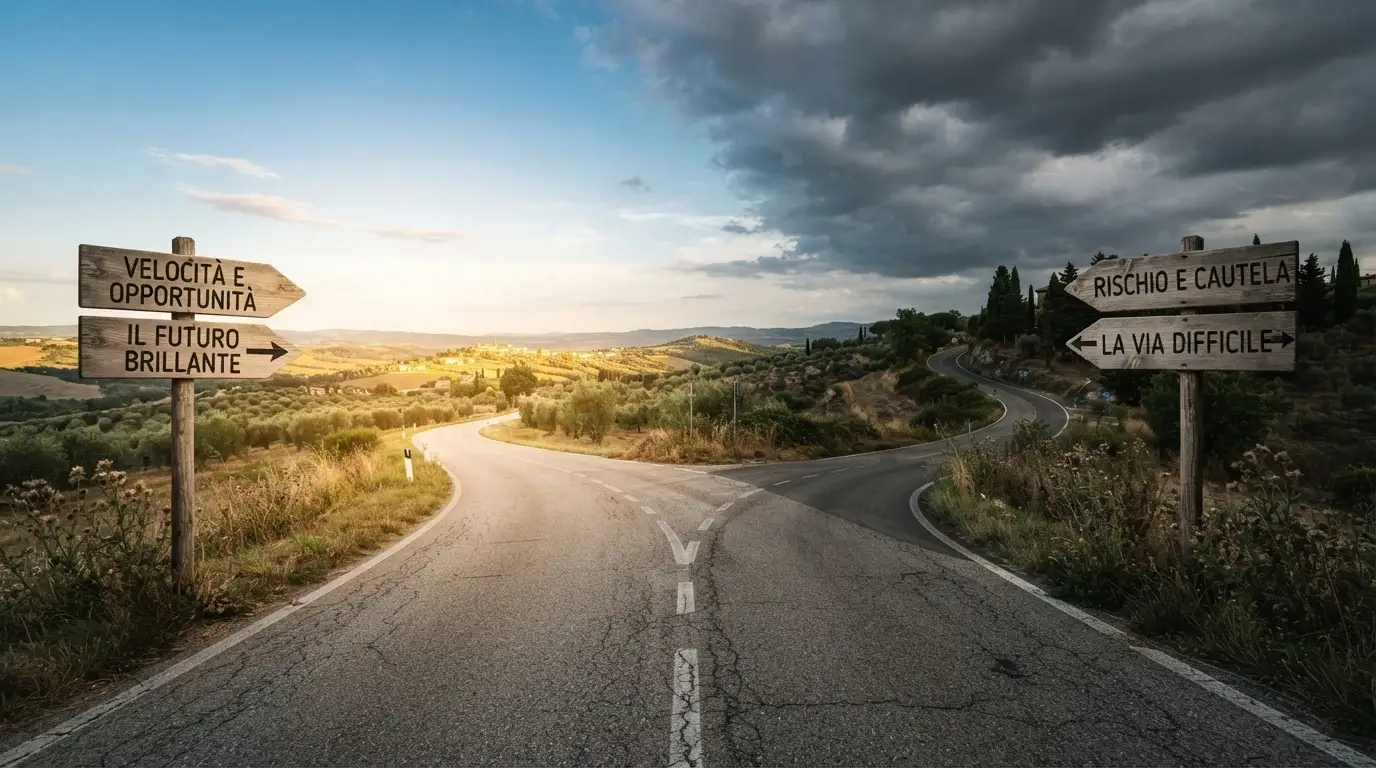 Un bivio stradale con due cartelli: uno indica «velocità, bonus, anonimato» verso un orizzonte luminoso, l'altro «nessuna tutela, rischio fiscale, giurisdizione estera» verso un cielo nuvoloso