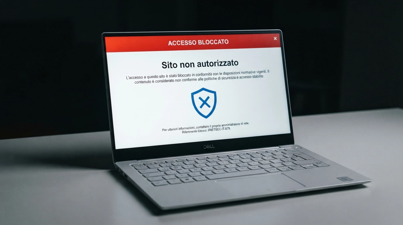 Uno schermo di computer che mostra la pagina ufficiale ADM di reindirizzamento dopo il blocco DNS di un sito non autorizzato