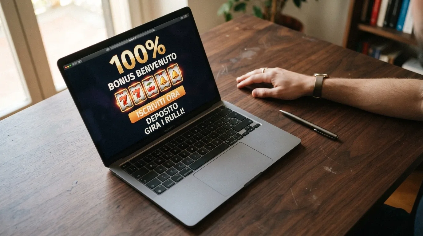 Schermata promozionale di un casinò online con offerta di benvenuto: percentuale di bonus, free spin e termini in evidenza