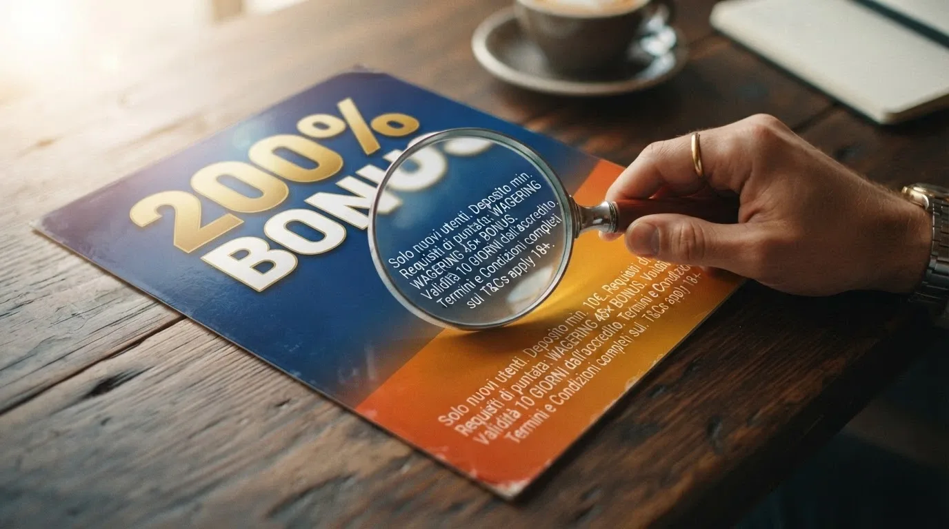 Una lente di ingrandimento su un banner «200% BONUS» che rivela in piccolo le scritte «wagering 45×» e «validità 10 giorni»