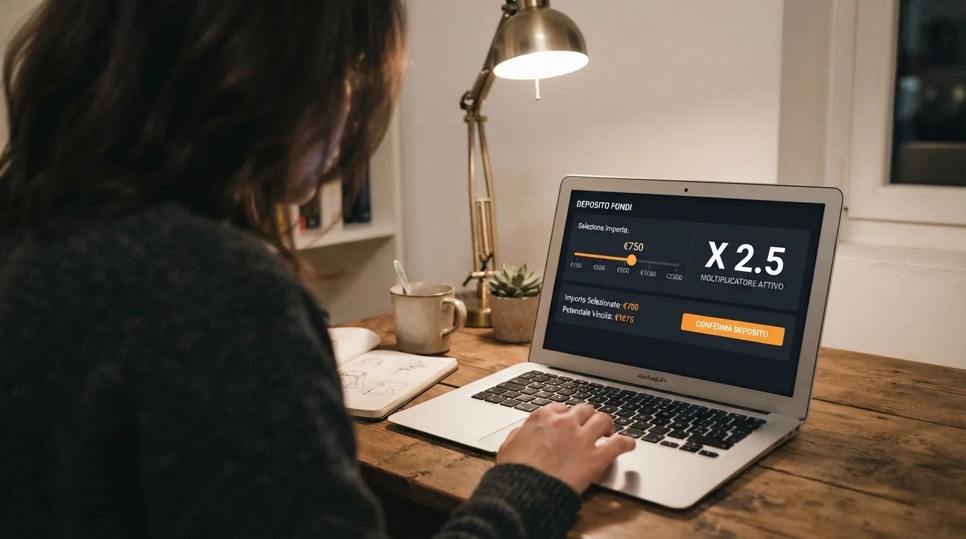 Un giocatore inserisce l'importo del primo deposito in un casinò online, con il moltiplicatore del bonus e l'importo risultante visibili a schermo
