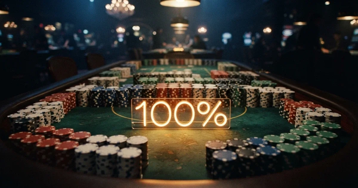Un tavolo da casinò virtuale con fiches e la scritta luminosa «Bonus 100% Benvenuto» su sfondo blu notte