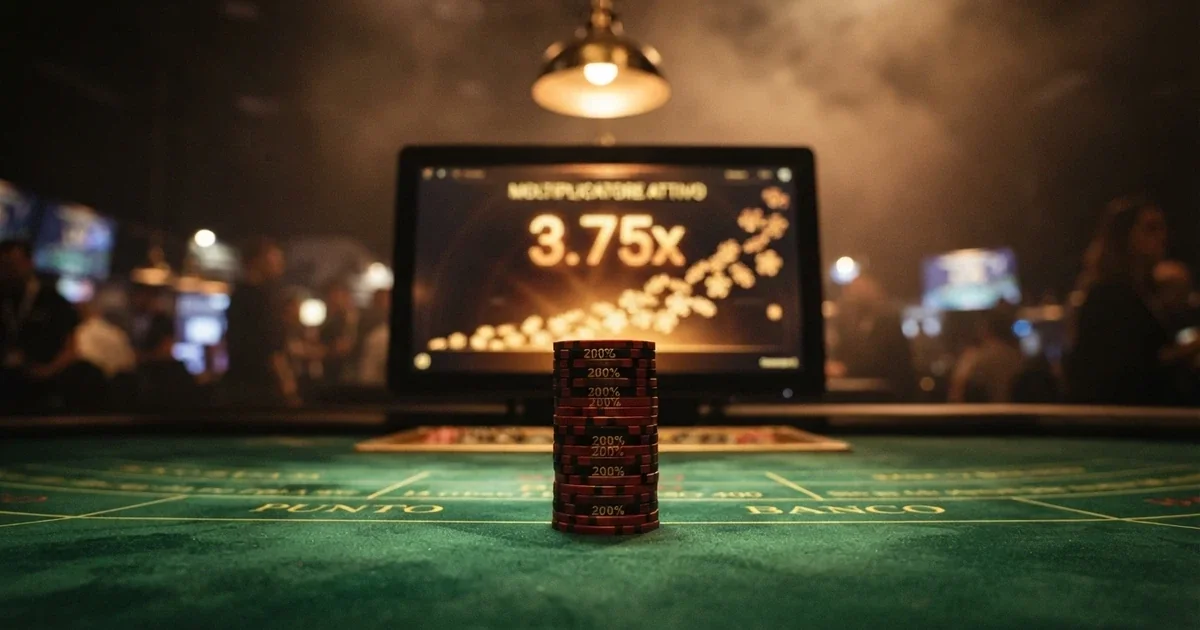 Un tavolo da casinò virtuale con fiches che mostrano la scritta «200%» e un display che moltiplica una pila di monete