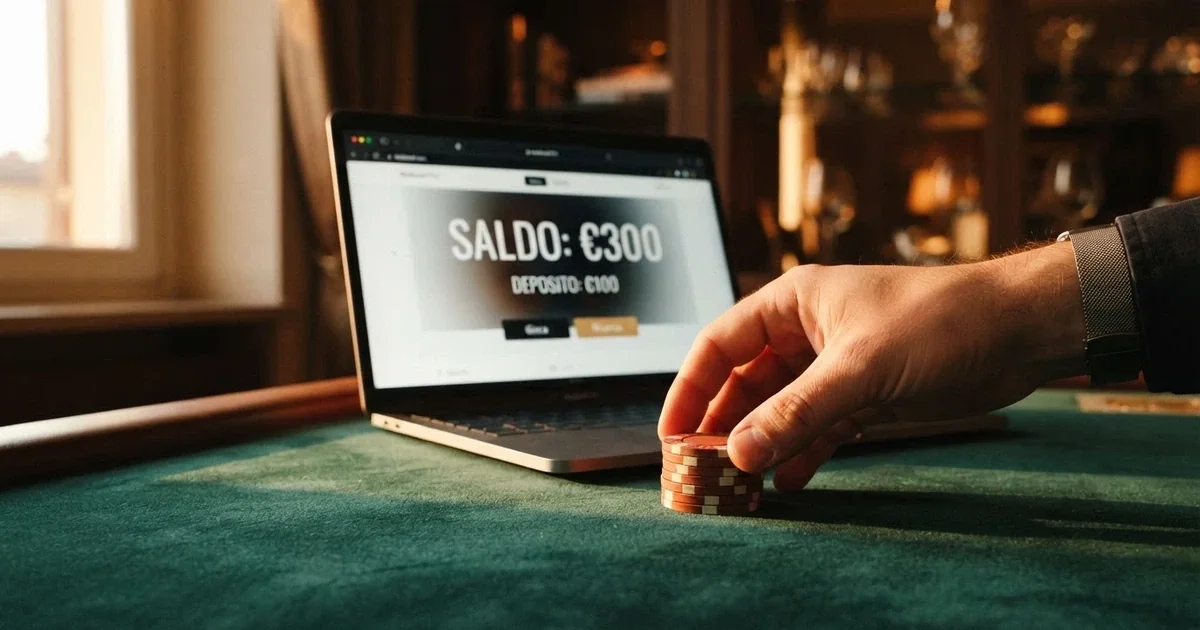 Un primo piano di una mano che posiziona tre fiches da 100€ su un tavolo da casinò virtuale, con lo schermo che mostra un saldo bonus di 300€ accanto al deposito