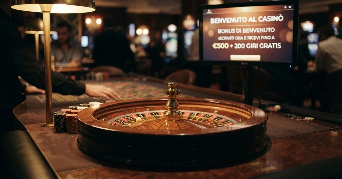 Primo piano di una roulette online con fiches impilate, sullo sfondo una schermata di casino con la dicitura «bonus di benvenuto» in evidenza