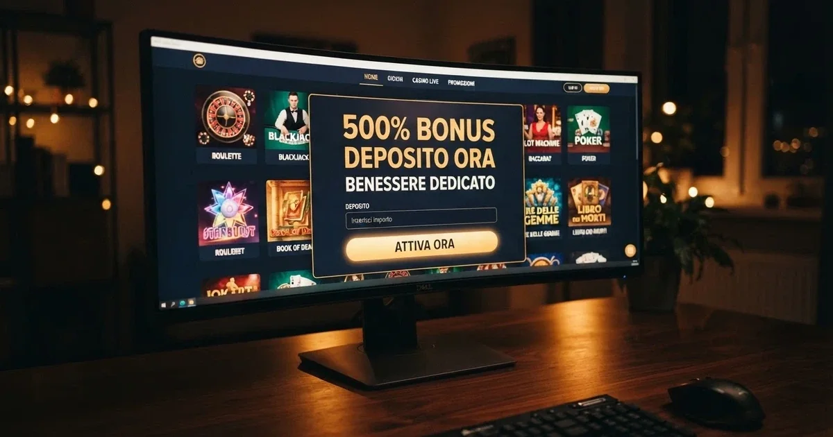 La schermata di un casinò online italiano con l'offerta di bonus evidenziata in primo piano, il moltiplicatore «500%» visibile al centro