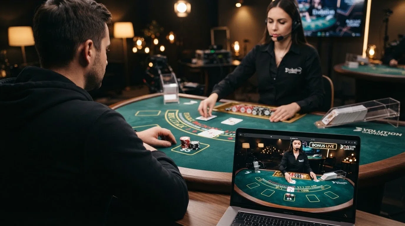 Un tavolo da blackjack dal vivo con croupier inquadrato da una webcam, sullo sfondo un'interfaccia di gioco con l'indicazione «Bonus Live»