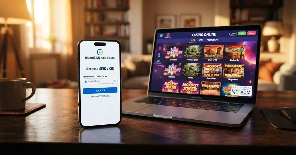 Un telefono con l'interfaccia di accesso SPID accanto allo schermo di un casinò online con licenza ADM visibile