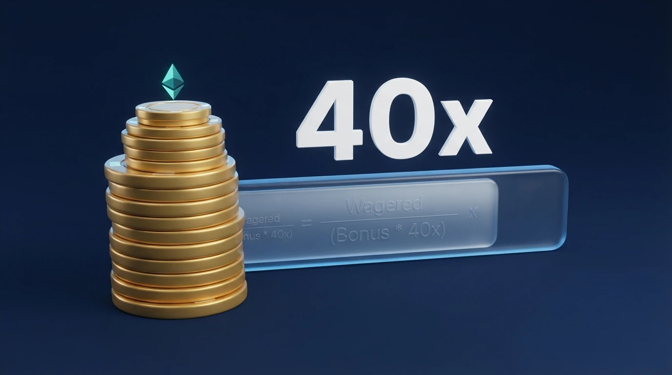 Una pila di monete Ethereum virtuali che si riducono progressivamente, con un contatore «wagering 40x» e una formula matematica sovraimpressa