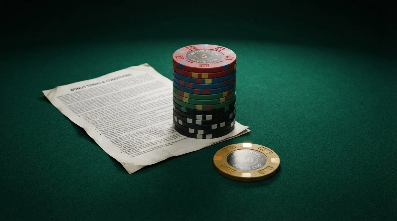 Una pila di chip da casinò accanto a condizioni bonus in piccolo stampatello, con l'icona di Bitcoin in primo piano