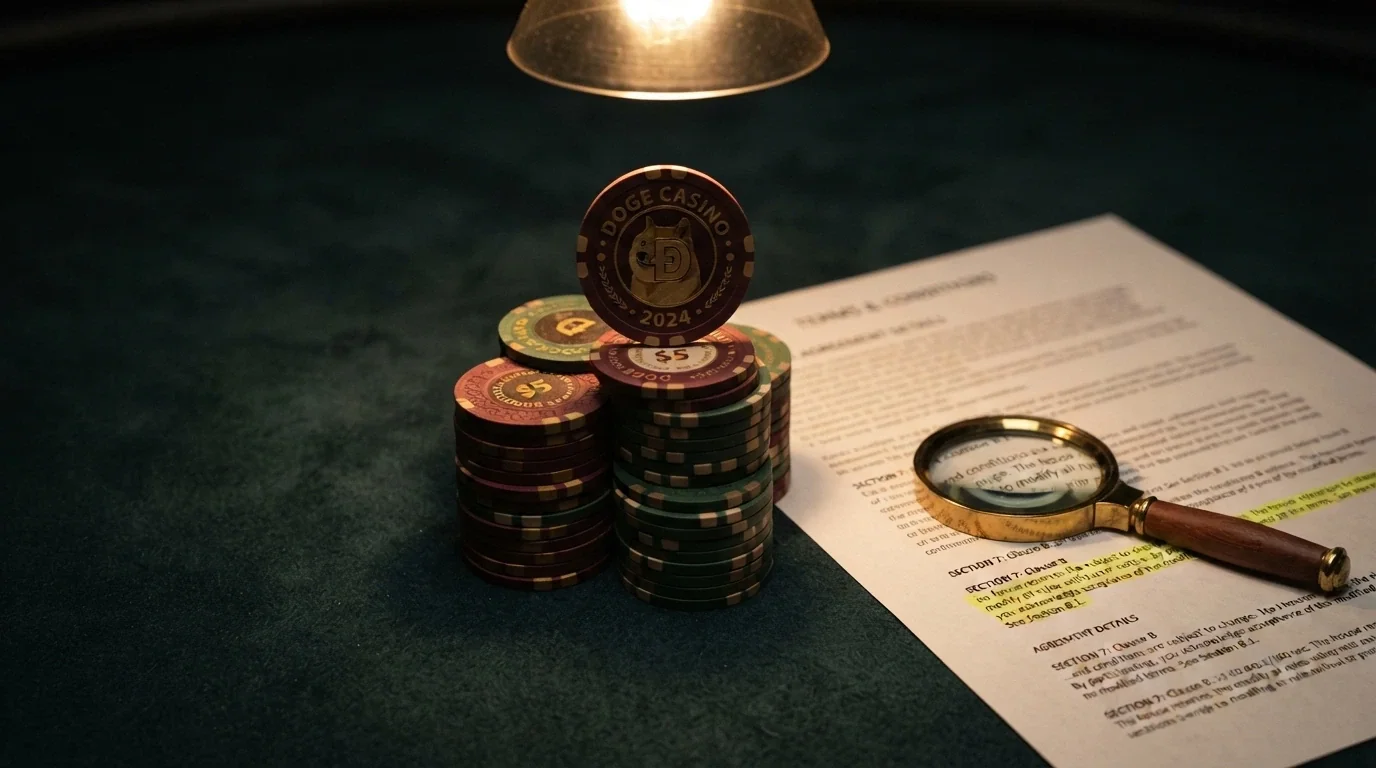 Una pila di fiches da casinò con il simbolo di Dogecoin, accanto a un contratto con una lente di ingrandimento sul requisito di scommessa
