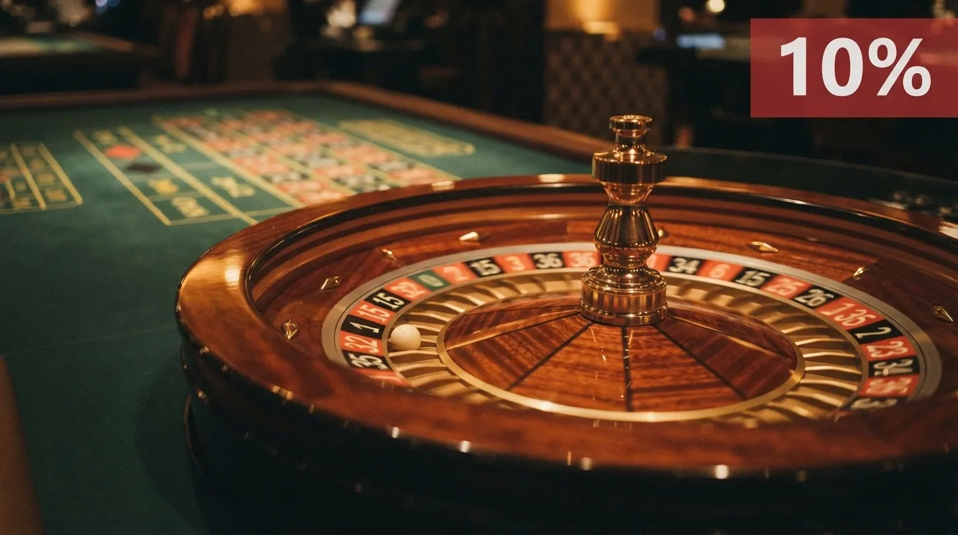 un tavolo da roulette dal vivo con una sovrimpressione che mostra «10%» in rosso