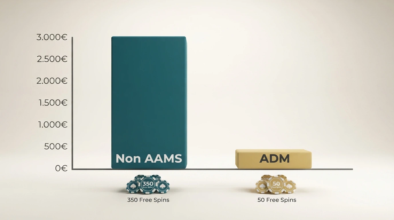 Un grafico a barre che confronta l'entità dei pacchetti di benvenuto: non AAMS vs ADM