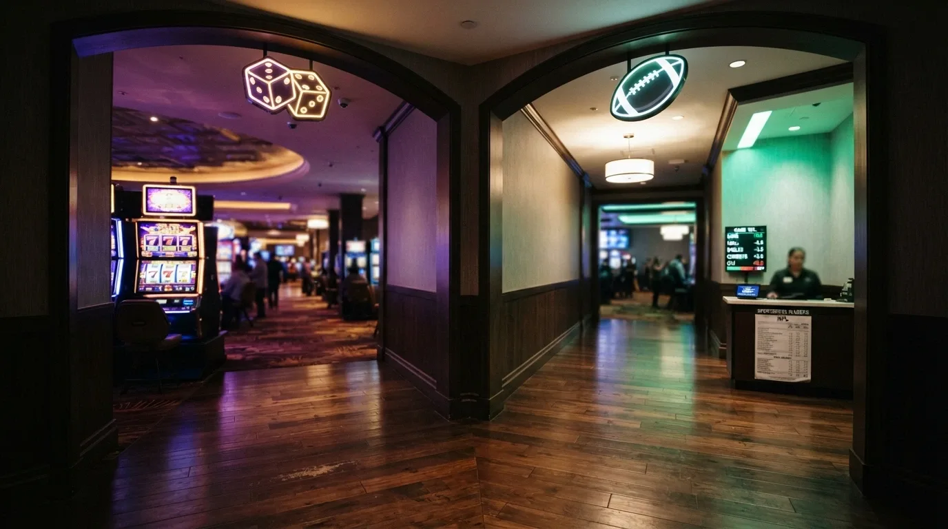 Due percorsi che si dividono: uno conduce a una slot machine luminosa, l'altro a una schedina di scommesse sportive, con icone di wagering diverse sopra ciascuno
