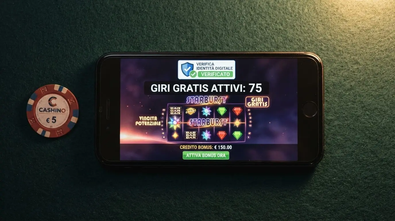 Schermata di attivazione bonus senza deposito in un'app casinò ADM, con il logo SPID, il contatore dei free spins e la slot vincolata in evidenza