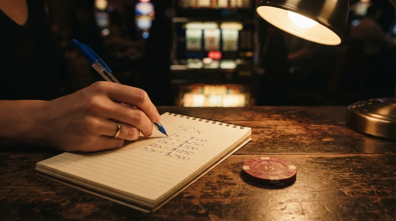 Una calcolatrice accanto a un foglio con la scritta «requisito di puntata 50x» e una pila di fiches da casinò, con una slot machine sullo sfondo