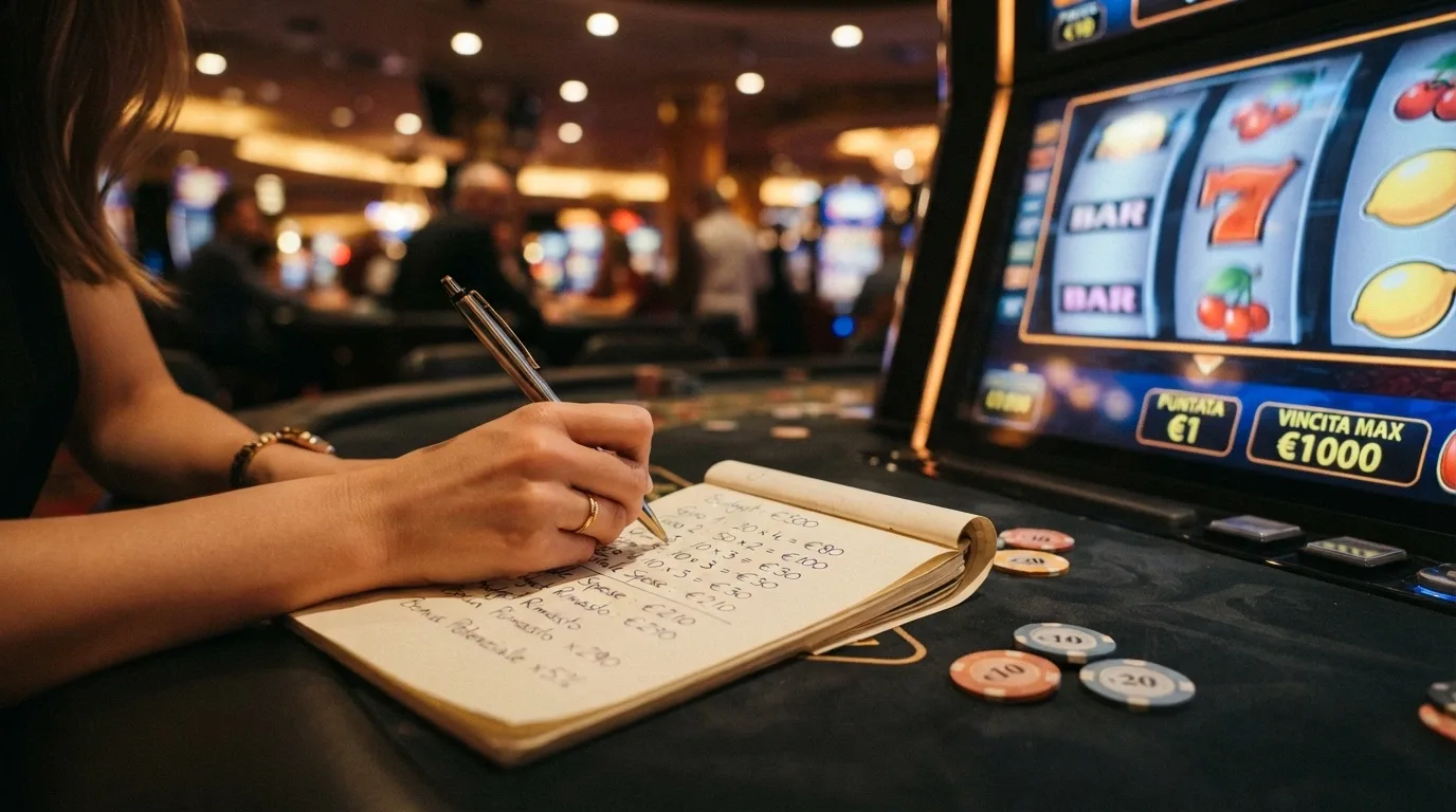 Calcolatrice accanto a una slot machine, con la formula del turnover in sovrimpressione
