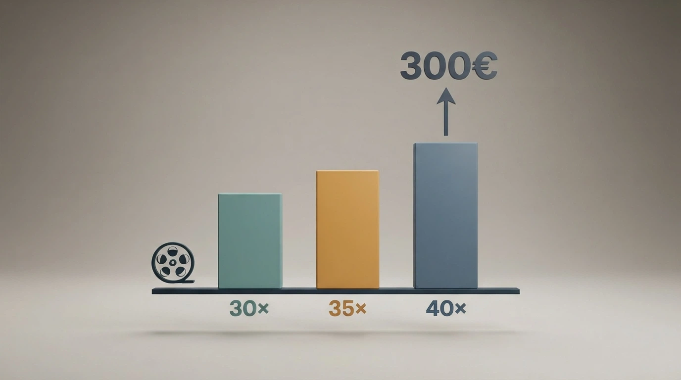 Schema che illustra il calcolo del wagering: una vincita di 10€ dai free spin con requisito 30x genera 300€ di giocate obbligatorie