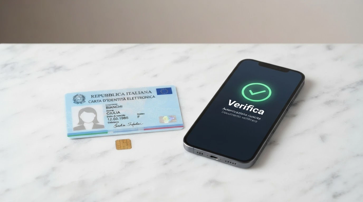 La Carta d'Identità Elettronica italiana con il chip NFC visibile, accanto a uno smartphone con la schermata dell'app CieID