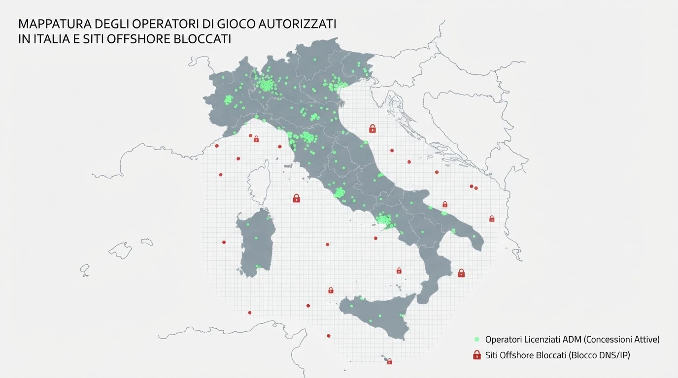 Una mappa dell'Italia con i puntini verdi (operatori ADM) concentrati sul territorio e puntini rossi (siti bloccati) al di fuori, con un'icona di blocco DNS