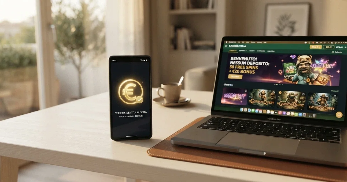 Interfaccia di un casinò online con licenza ADM che mostra un'offerta di bonus senza deposito, accanto allo schermo di un telefono con l'app SPID aperta sulla schermata di login