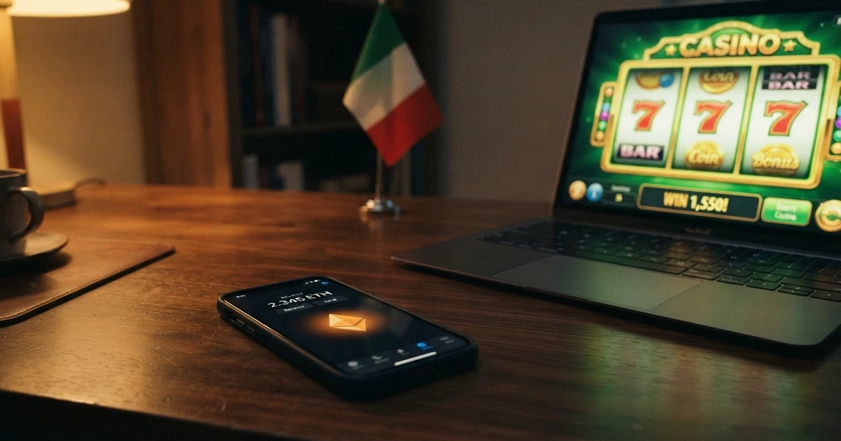 Un wallet Bitcoin su uno smartphone accanto a schermo di un casinò online con slot luminose, sullo sfondo la bandiera italiana