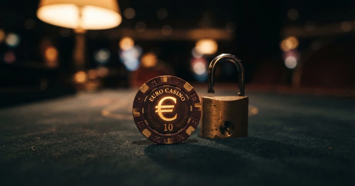 Un tavolo da casinò virtuale con una chip che riporta la cifra 100€, affiancata da un lucchetto e dal simbolo dell'euro su sfondo scuro