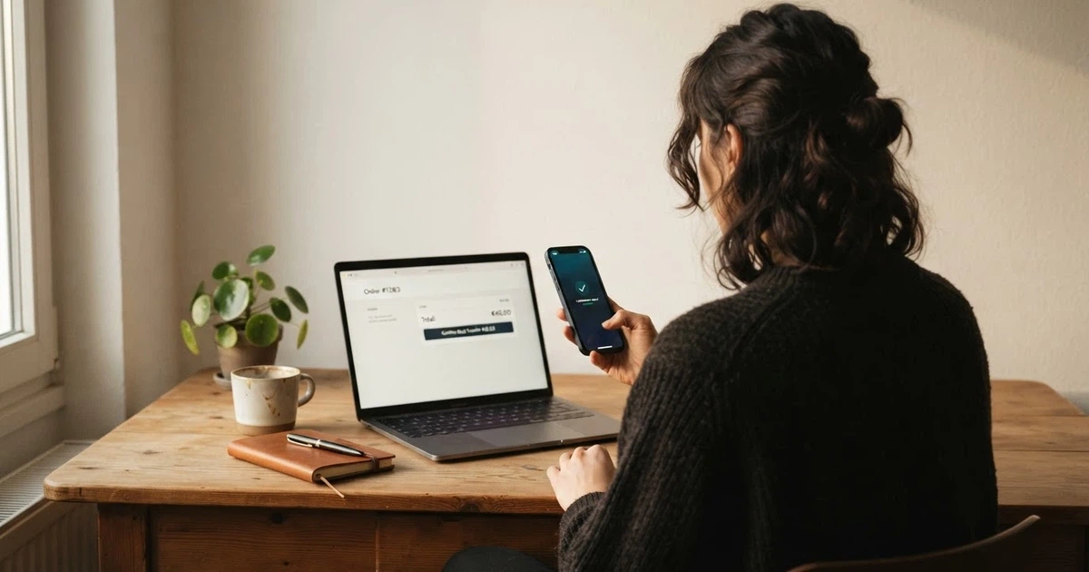 Un giocatore consulta il telefono davanti allo schermo di un computer che mostra la cassa di un casinò online con l'opzione bonifico bancario in evidenza