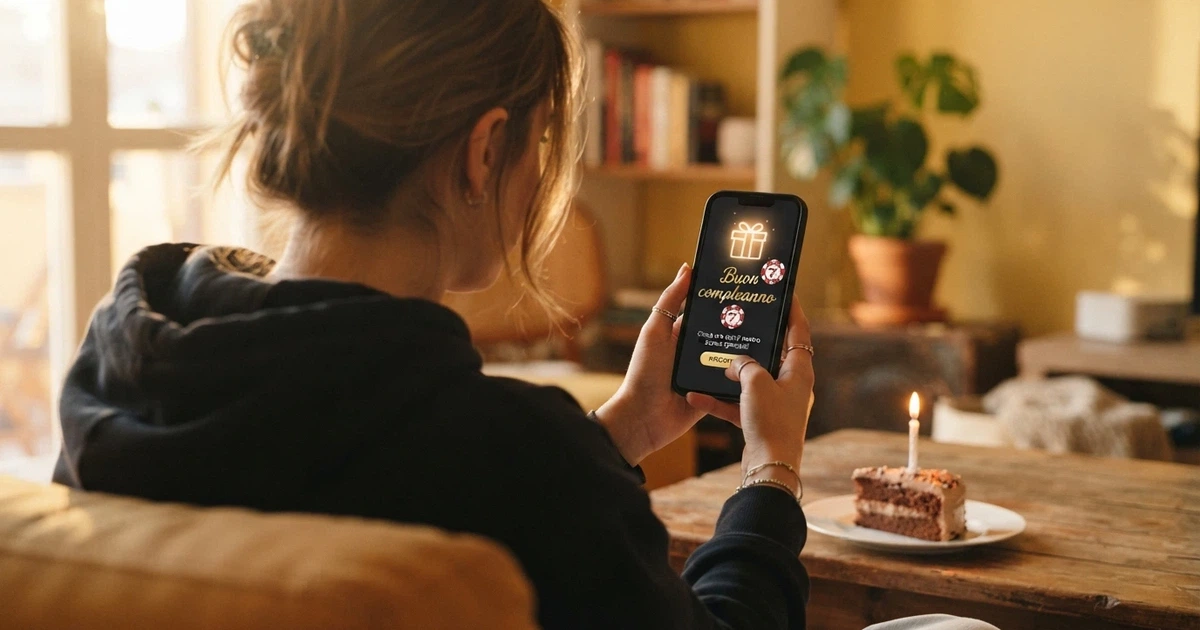 Un giocatore sorridente che guarda lo smartphone con una notifica di regalo di compleanno da un casinò online, accanto a una fetta di torta