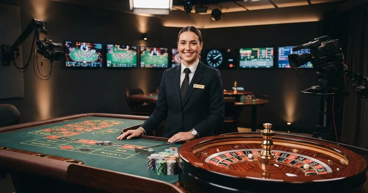 Un croupier in uniforme sorride dietro un tavolo da roulette in uno studio di casinò dal vivo illuminato, con monitor e telecamere 4K sullo sfondo