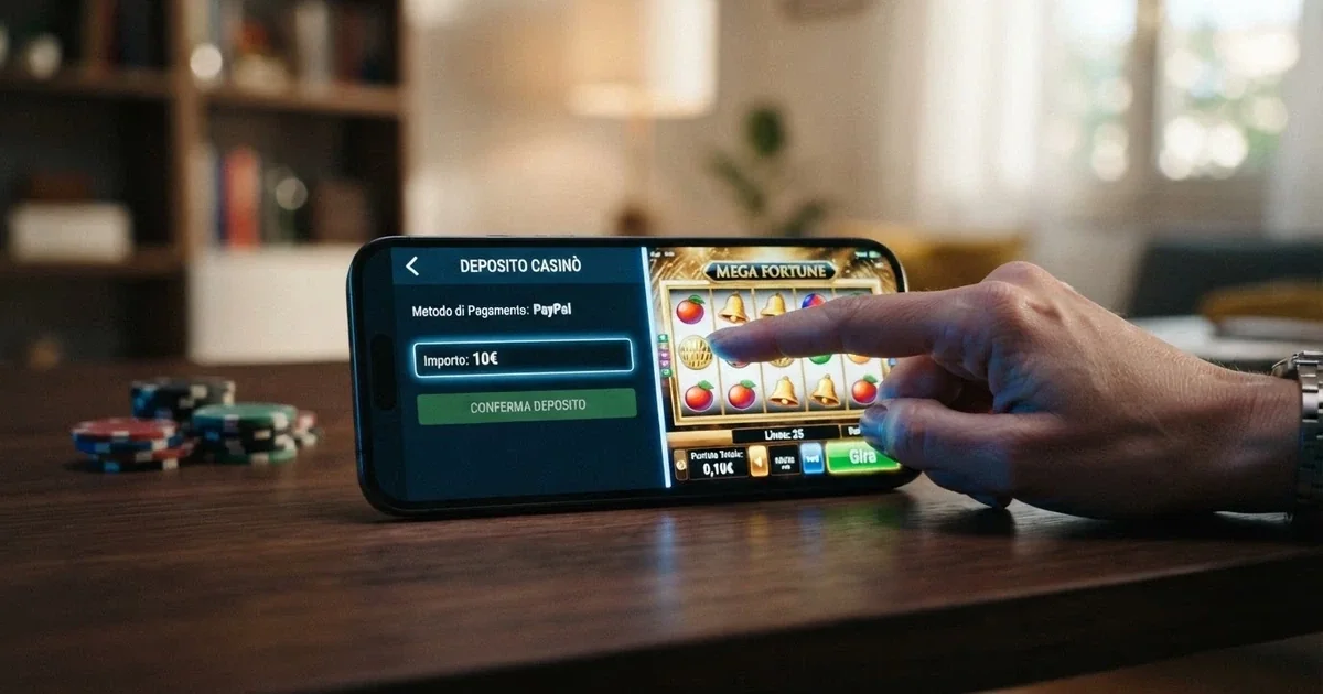 Due mani su uno schermo di smartphone: a sinistra la schermata di ricarica di un casinò con l'importo minimo di 10€ evidenziato, a destra una slot con puntata impostata a 0,10€