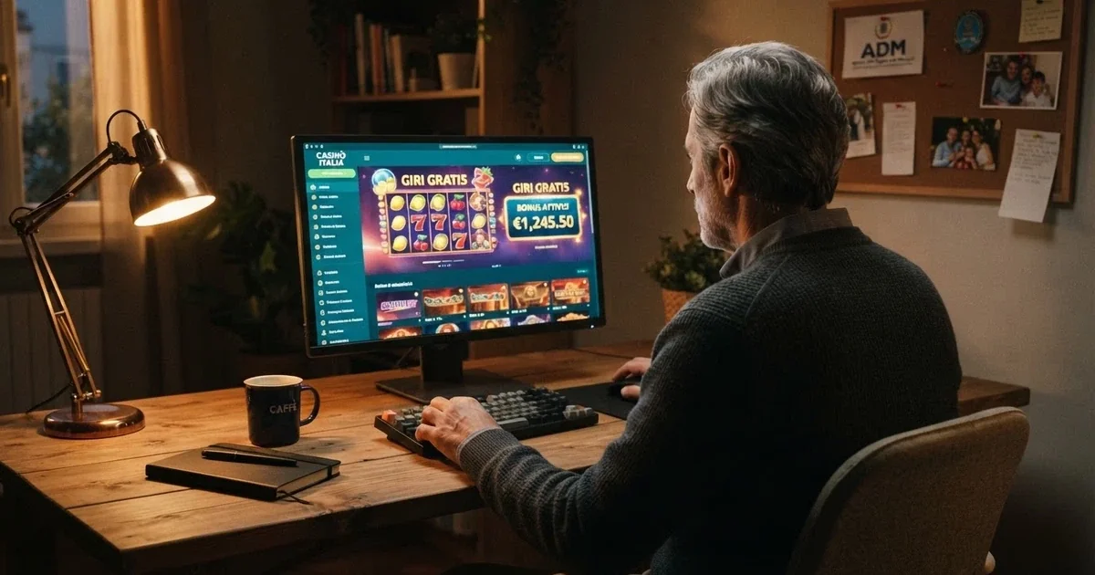 Un giocatore adulto seduto davanti allo schermo di un computer, con l'interfaccia di un casinò online in italiano sullo sfondo e il logo ADM visibile in un angolo