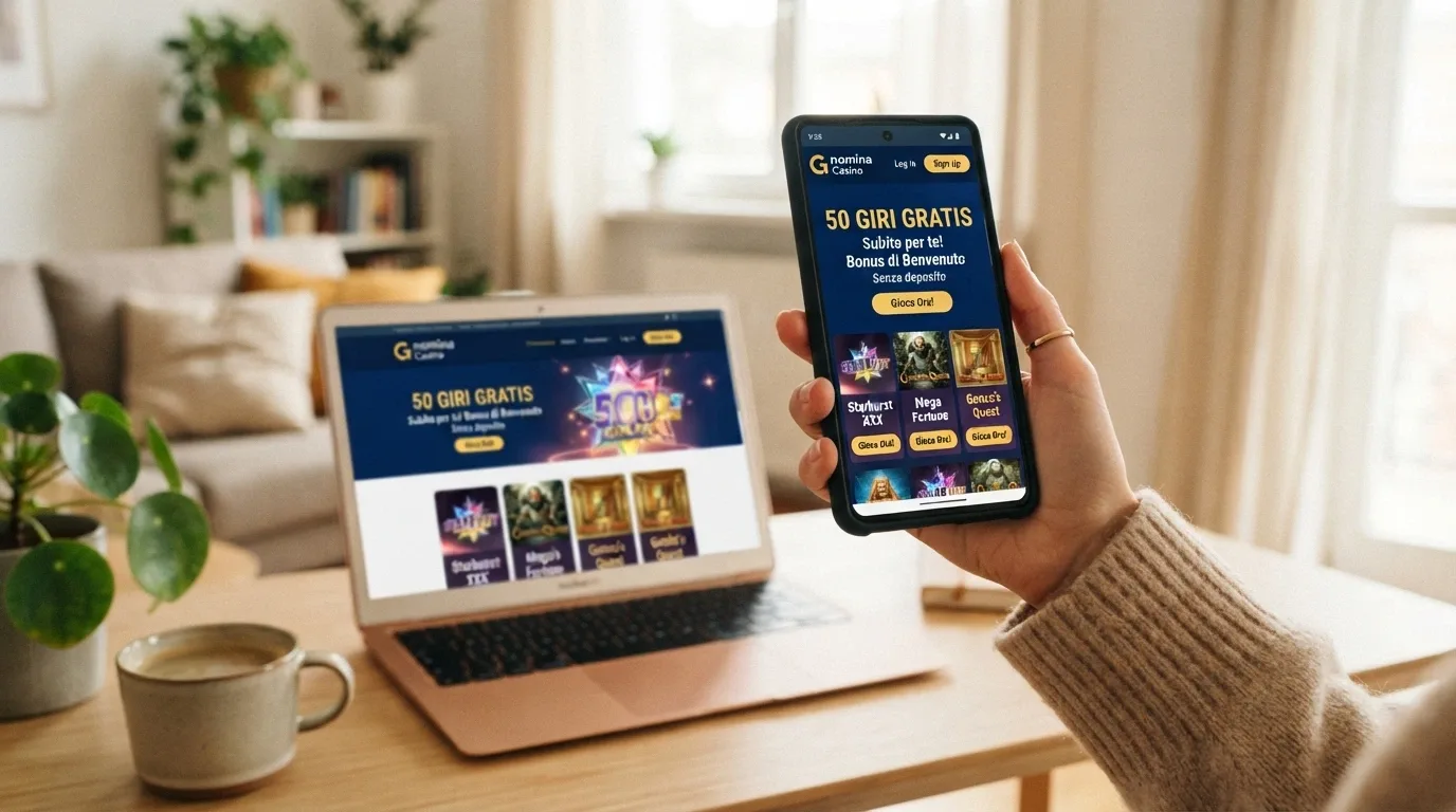 Uno smartphone in mano con l'app di un casinò aperta sulla pagina promozioni, sullo sfondo sfocato lo stesso casinò aperto su desktop