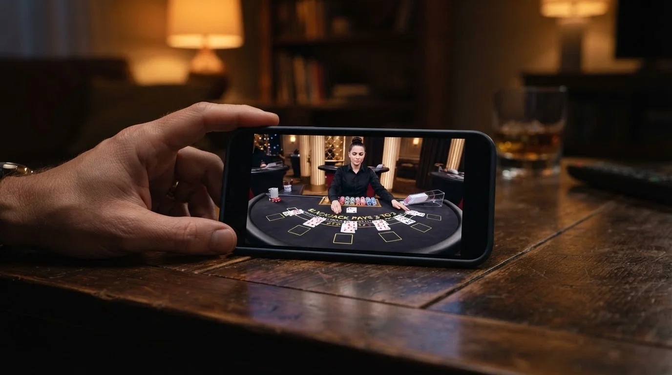 Un tavolo di blackjack con croupier in alta definizione trasmesso sullo schermo orizzontale di uno smartphone Android