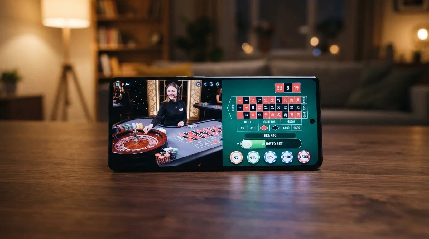 Schermo di uno smartphone in modalità landscape che mostra un tavolo di roulette live con interfaccia touch adattata