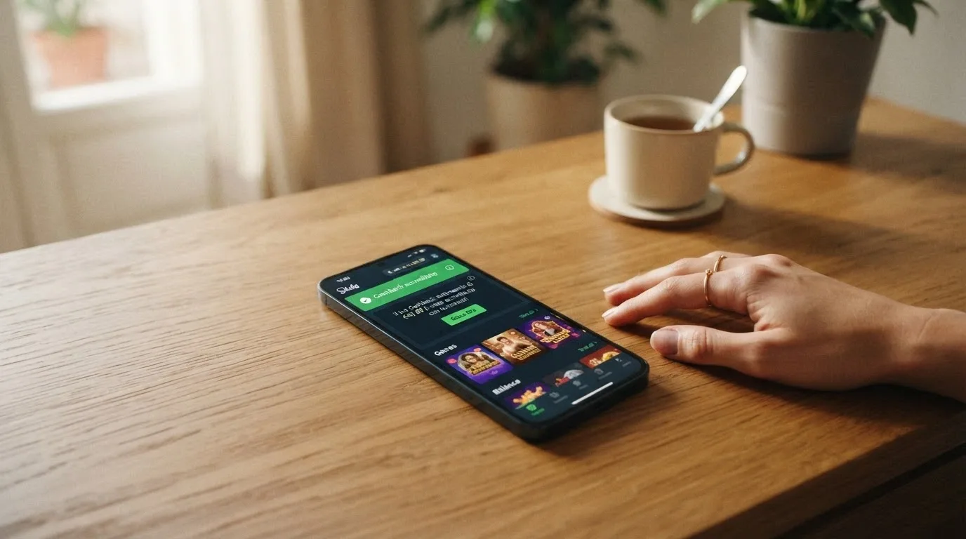 Uno smartphone che mostra l'interfaccia di un casinò online con la notifica di accredito del cashback settimanale