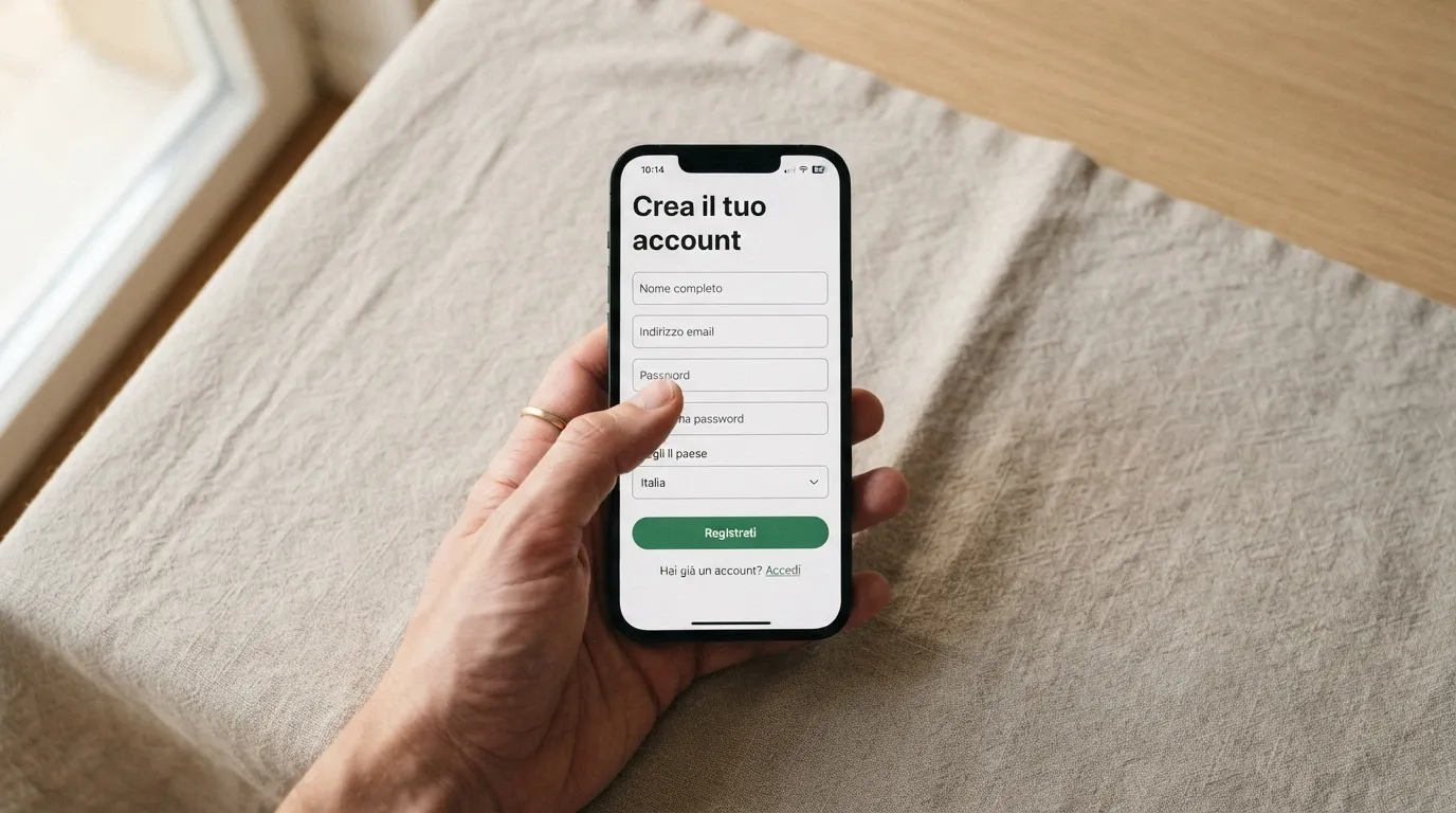 Smartphone con il browser aperto sulla pagina di registrazione di un casinò ADM, una mano che digita