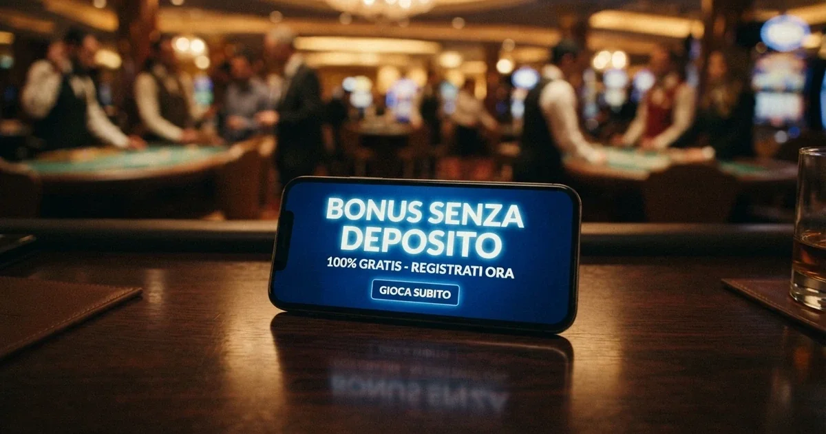 Interfaccia di un casinò online con riquadro promozionale «bonus senza deposito» in evidenza