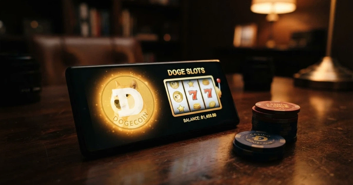 Un wallet digitale con monete Dogecoin accanto allo schermo di un casinò online, su sfondo scuro