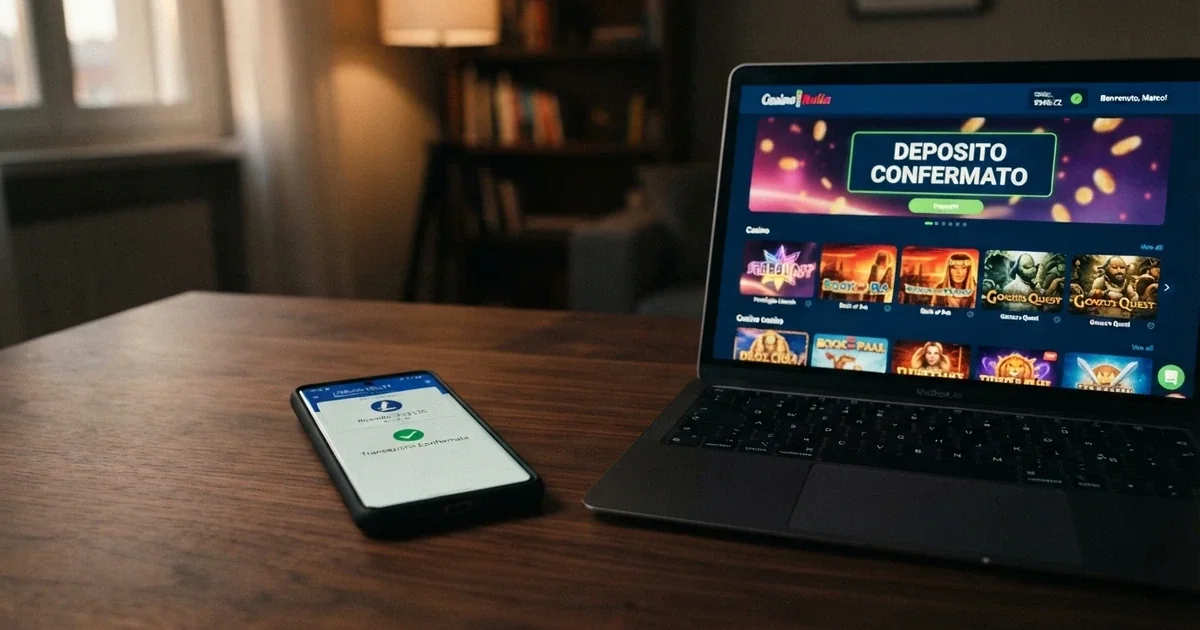 Un wallet Litecoin aperto su uno smartphone accanto allo schermo di un casinò online con la scritta «deposito confermato»
